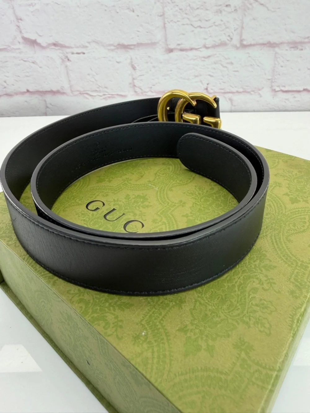 Authentic Gucci Slim Leather Marmont Gg Double Mens Belt Black 80/32” 414516